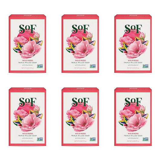 SoF Triple Milled Bar Soap - With Coconut Oil & Organic Shea Butter- Vegan & Non GMO- Free From Phthalates, Sulfates & Parabens- Wild Rose - 6 oz Bar 6 Bars