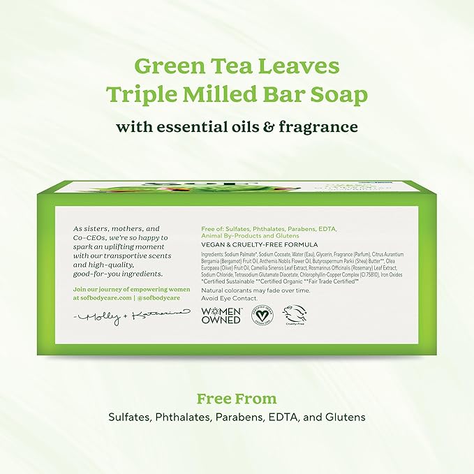 SoF Triple Milled Bar Soap - With Coconut Oil & Organic Shea Butter- Vegan & Non GMO- Free From Phthalates, Sulfates & Parabens- Green Tea Leaves - 6 oz Bar 6 Bars