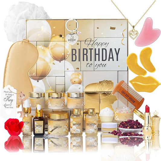 24Pcs Happy Birthday Gifts for Women Mom - Luxury Birthday Presents Spa Gift Set, Bath and Body Gift for Sister Girlfriend Wife Grandma with Necklace, Birthday Gift Set Idea for Women Female Friends