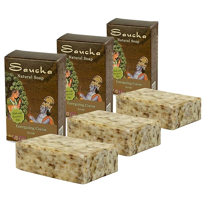 Prabhuji's Gifts Saucha Bar Soap – Energizing Cocoa Scrub – Ayurvedic Natural Coconut Oil & Essential Oils Vegan Soap Nourishing & Beautifying for Women and Men - 3 count x 3.5 oz each