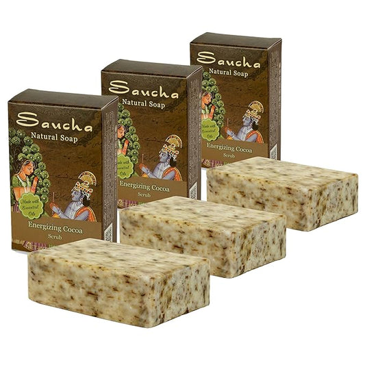 Prabhuji's Gifts Saucha Bar Soap – Energizing Cocoa Scrub – Ayurvedic Natural Coconut Oil & Essential Oils Vegan Soap Nourishing & Beautifying for Women and Men - 3 count x 3.5 oz each