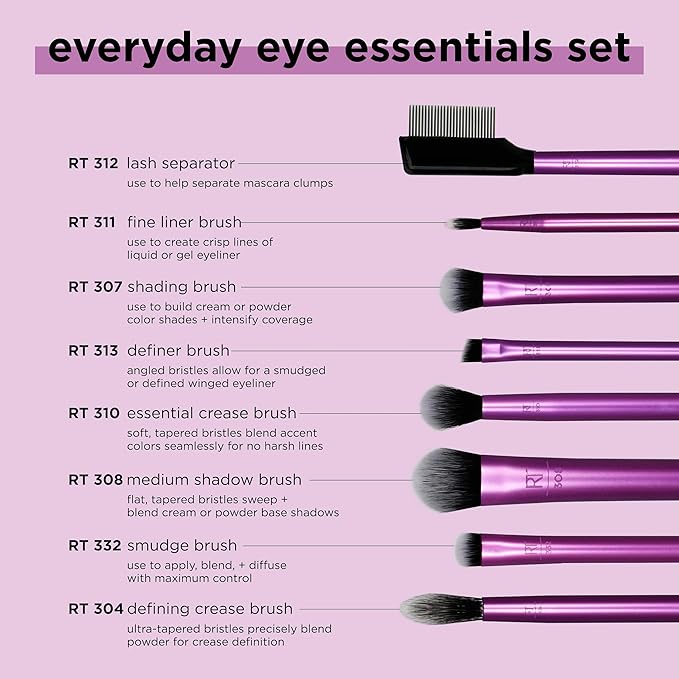 Real Techniques 8 Piece Everyday Eye Essentials Makeup Brush Set,Eye Brushes for Liner,Eyeshadow,Brows,& Lashes,Travel Friendly,Gift Set,Synthetic Bristles,Cruelty-Free & Vegan,(Pack of 8)
