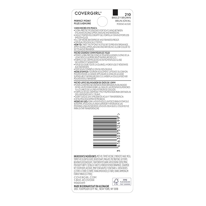 CoverGirl Perfect Point Plus Lashline, Breezy Brown, Micro Eye Pencil, Ultra-Precise 1.5 Millimeter Tip, Creamy Gel Formula, Clean & Vegan, Talc-Free, Waterproof, 0.002oz