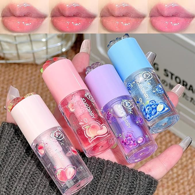 4 Pcs Hydrating Lip Oil, Fruity Plumping Lip Gloss Set, Cute Lipgloss for Women, Long Lasting Lip Gloss Non-Sticky & Glossy Finish, Lipstick Vegan & Cruelty Free