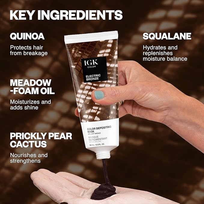 IGK Electric Bronze Color Depositing + Conditioning Hair Mask | Brilliant Bronze - Caramel Mocha Tones | Hydrating Semi-Permanent Gloss Toner Treatment