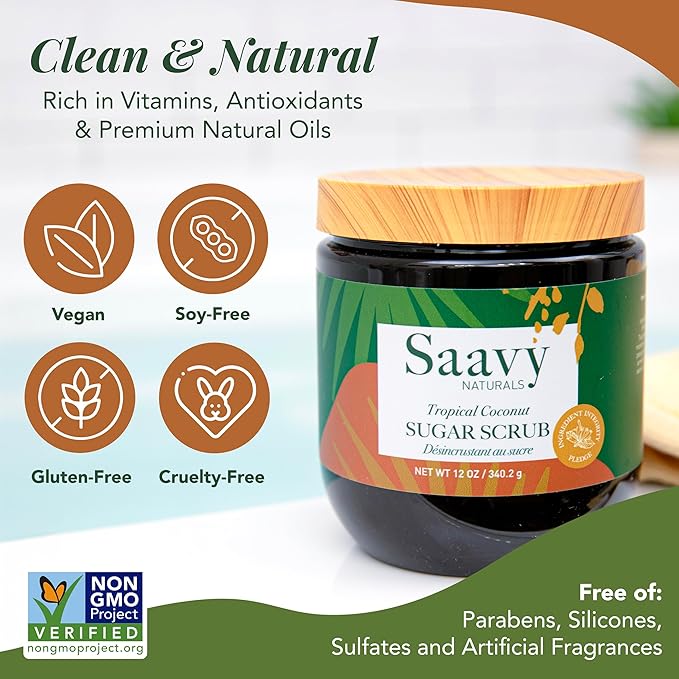 Saavy Naturals Body Scrub - Scented Sugar Coconut Exfoliator, Natural Body Scrub & Vegan Exfoliating with Vitamin E, Gentle for Sensitive Skin – Made in USA – Tropical Coconut (1 Pack) - 12 oz