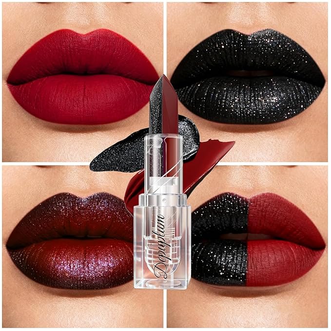 2 in 1 Dark Red Lipstick Black Lipstick Dual Sided, Lip stick for Women, One Stroke Two-Tone High Pigment Longlasting Waterproof Non-Stick Black Red Lipsticks for Christmas Cosplay (#05)