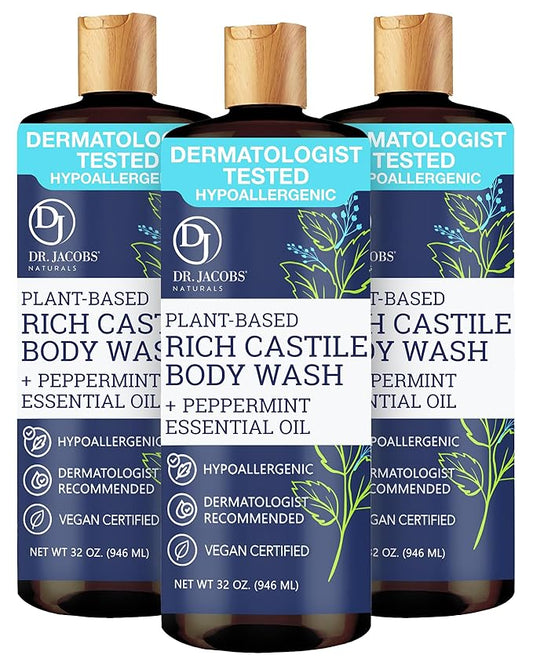 Dr. Jacobs Naturals Pure Castile Soap Liquid Body Wash, Peppermint - Plant Based Soap Infused with Vitamin E and Aloe Vera to Moisturize Dry and Sensitive Skin - Made in The USA - 32 oz, Pack of 3