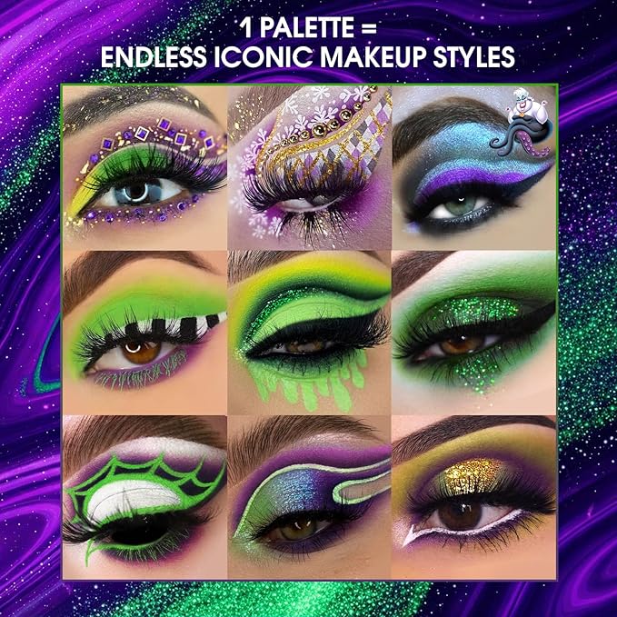 Purple Green Gold Eyeshadow Palette, Matte Shimmer Lavender Green Goth Smoky Eye Shadow Makeup Palette, Pigmented Long Lasting Mardi Gras Makeup Pallet for Stage, Witch, Ursula, Beetlejuice, Cosplay