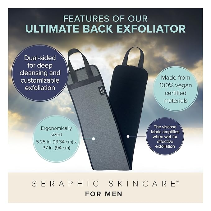 Seraphic Skincare Men Ultimate Premium Back Exfoliator – Dual-Sided Back Scrubber for Men, Double Side for Deep Exfoliation, Mesh & Washcloth Side for Cleansing - Dead Skin Removal & Self Tanner