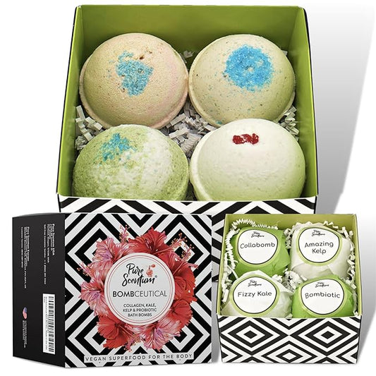 Bombceutical - Bath Bombs for Women - Soothes Acne, Dermatitis, and Eczema - Relaxing Bath Bomb Gift Set for Women with Kale, Kelp, Collagen, and Probiotic to Nourish The Skin