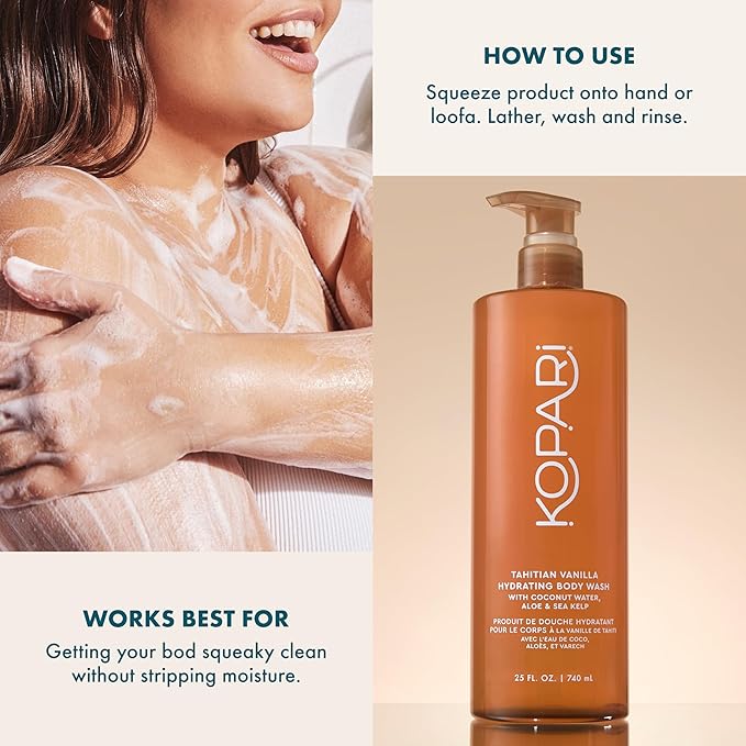Kopari Jumbo Tahitian Vanilla Hydrating Body Wash | 25 oz Gel-Based Body Cleanser with Coconut Water, Aloe & Sea Kelp | Rich Lather, Signature Coconut Milk Scent