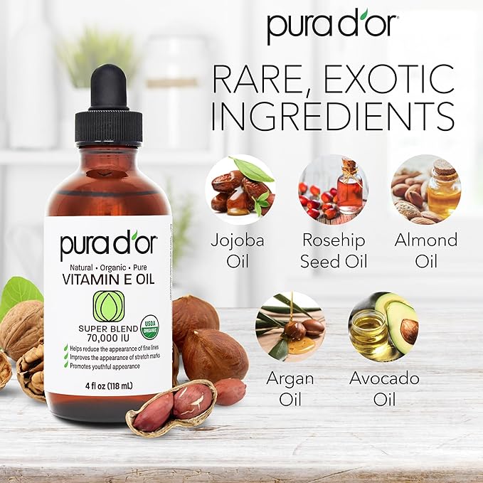 PURA D'OR 4 Oz Organic Vitamin E Oil 70,000 IU, USDA Certified Face, Body, Hair & Bath Oil with Argan, Jojoba, Rosehip, Apricot, Almond & Avocado, Lightweight Moisturizing Blend for Soft, Smooth Skin