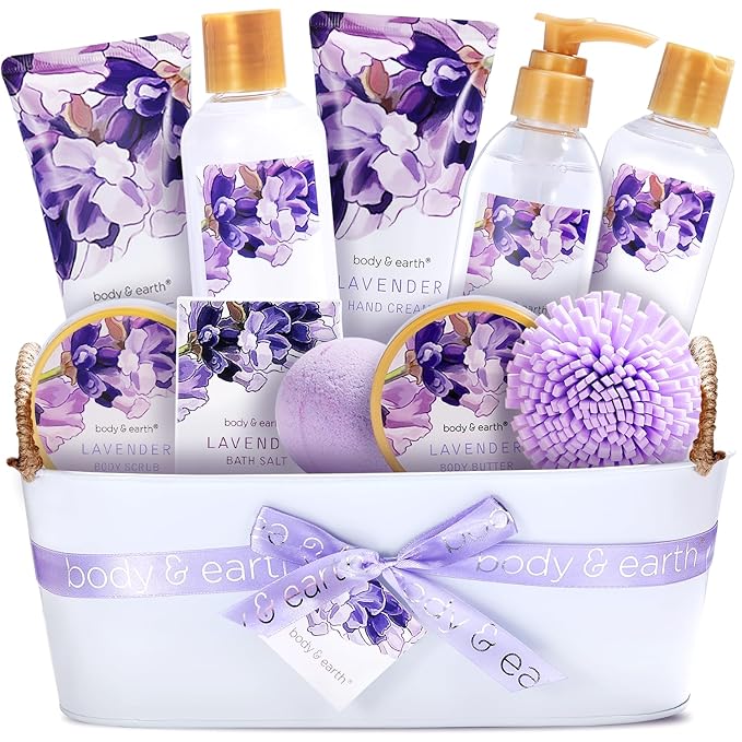 BODY & EARTH Lavender Spa Gift Baskets for Women Luxurious Gifts for Women Bath and Body Gift Sets 11pcs Bath Sets for Women Gift Mother's Day Gifts