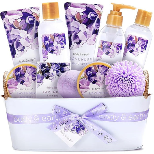 BODY & EARTH Lavender Spa Gift Baskets for Women Luxurious Gifts for Women Bath and Body Gift Sets 11pcs Bath Sets for Women Gift Mother's Day Gifts