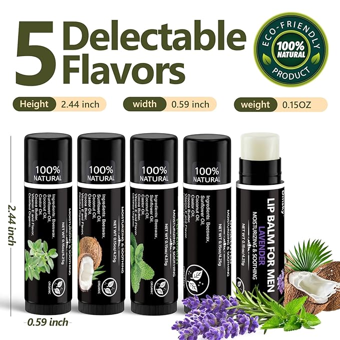 10 Pack Lip Balm for Men - Hydrating Men's Lip Balm Vitamin E and Beeswax - Chapstick for Men Peppermint, Coconut, Vanilla, Lavender & Unscent