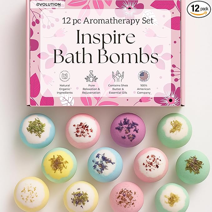 EvolutionUSA Inspire Bath Bombs for Women & Girls – 12 Flower Topped Bath Bombs Girls, Lush Woman Bathbomb Set, Organic Bath Fizzers, Luxury Gift Mothers Day, Birthday, Valentines, Easter or Self Care