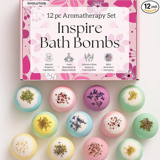 EvolutionUSA Inspire Bath Bombs for Women & Girls – 12 Flower Topped Bath Bombs Girls, Lush Woman Bathbomb Set, Organic Bath Fizzers, Luxury Gift Mothers Day, Birthday, Valentines, Easter or Self Care