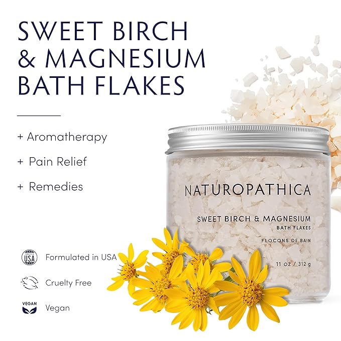 Naturopathica Sweet Birch and Magnesium Bath Flakes, Soothing Daily Bath Soak for Muscle Discomfort, Bathing Alternative to Epsom Salt, Relaxing Tension Relief Soak for Men and Women, 11 oz