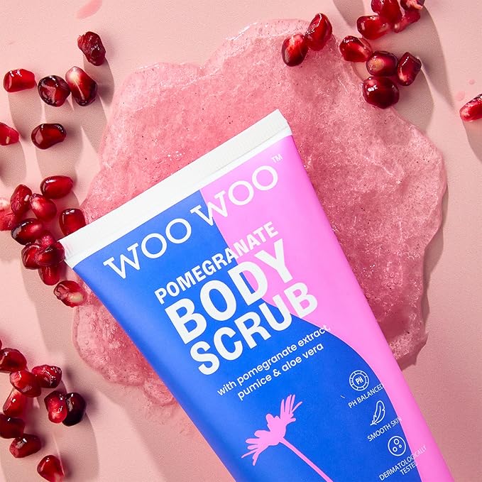 WooWoo Natural Pomegranate Body Scrub - Exfoliating Vegan Formula with Pumice & Aloe Vera | Smooths Skin, Helps Hyperpigmentation & Prevents Ingrown Hairs | 5 oz (150 ml)