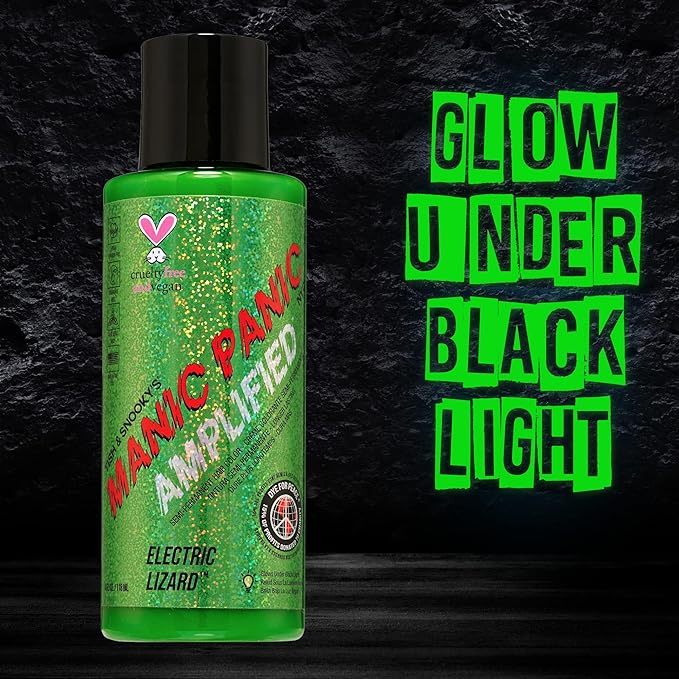 MANIC PANIC Electric Lizard Hair Color - Amplified - Semi Permanent Hair Dye - Bright Neon Green Hair Color - Glows In Blacklight - Vegan, PPD & Ammonia-free - For Coloring Hair for Men & Women