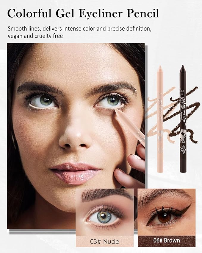 Nude Brown Waterline Eyeliner Gel Pencil, Long Stay Eyeliner Waterline Waterproof Smudge-Proof, Safe for Sensitive Eyes, Eye Liner Brightener Pen with Sharpener, Soft Cream Rich Color Eye Makeup Pen