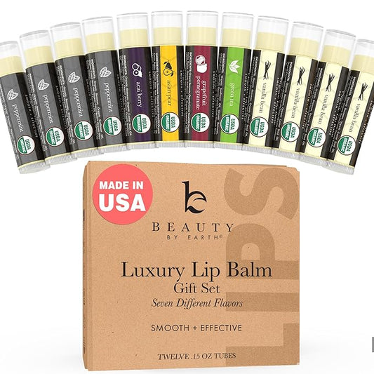 USDA Organic Lip Balm - USA Made with Natural Ingredients - 12-Pack (6 flavors) – Beeswax, Coconut Oil, Vitamin E – Moisturizing Chapstick for Dry, Cracked Lips – Lip Care Gift Set
