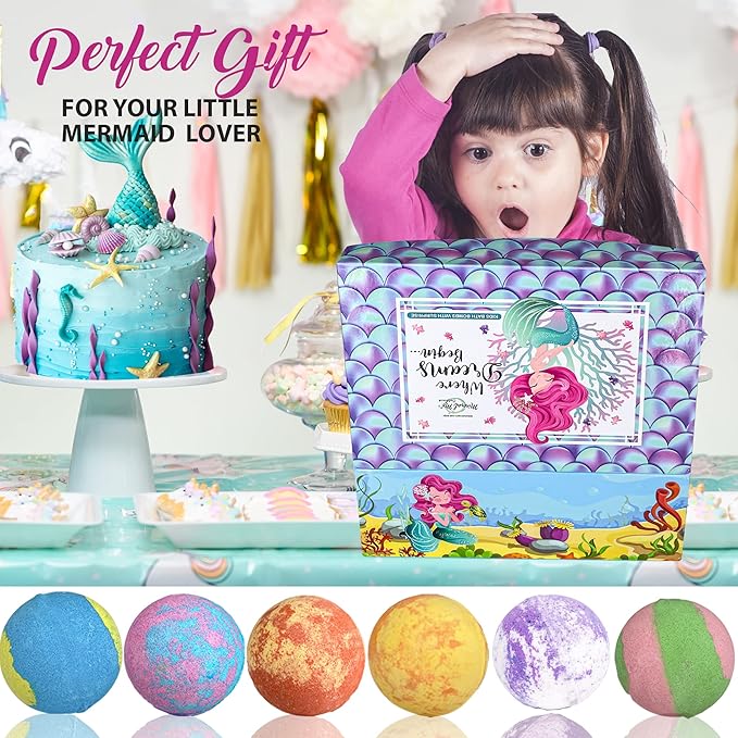 Bath Bombs for Kids w/Surprise Inside, Mermaid Bath Bombs for Girls with Jewelry & Jewelry Box for Kids Organic, Skin Moisturizing, Natural Bubble Birthday Gift Easter Basket Essentials for Boy Girls