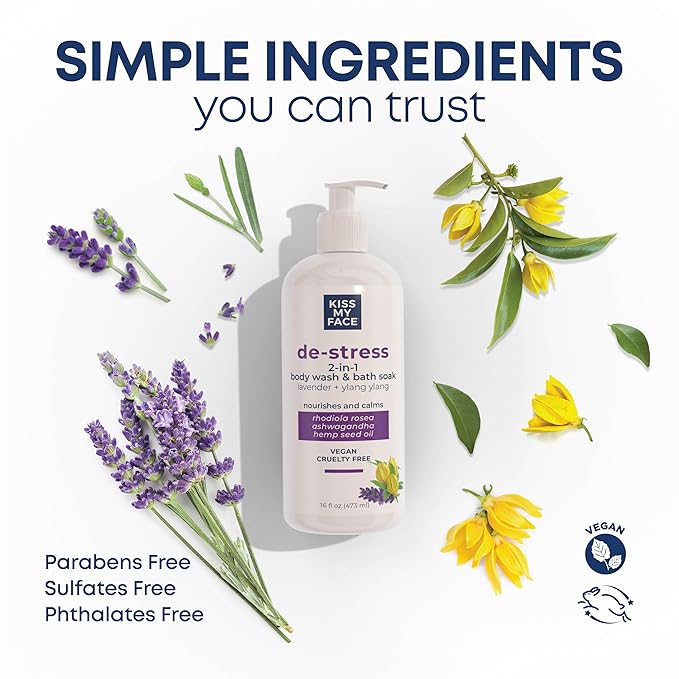 Kiss My Face De-Stress 2-in-1 Body Wash & Bath Soak Lavender + Ylang Ylang - Vegan Body Wash - 16 oz Bottle with Pump (Lavender & Ylang Ylang, Pack of 1)