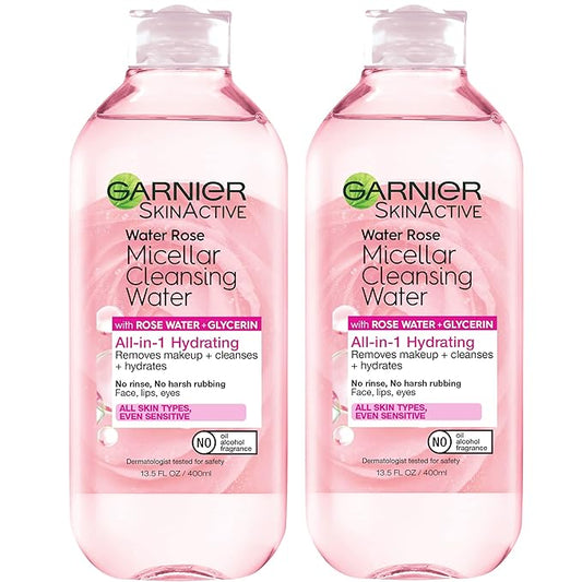 Garnier Micellar Water with Rose Water and Glycerin, Hydrating Facial Cleanser & Makeup Remover, For All Skin Types, Vegan, Cruelty Free, 13.5 Fl Oz (400mL), 2 Count