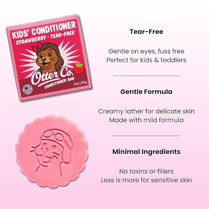 Otter co. Kids Strawberry Conditioner Bar – Tear Free Toddler Bar Conditioner – Sulfate Free & Non Toxic – Organic Ingredients, Vegan, Cruelty Free, Natural, Hydrating & Moisturizing, USA Made