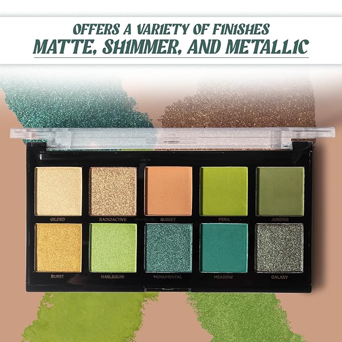 Profusion Cosmetics Emeralds 10 Shade Eyeshadow Palette – Pigmented & Blendable Green Tones, Matte & Shimmer Finishes for Versatile Eye Looks, Travel-Friendly & Cruelty Free Makeup