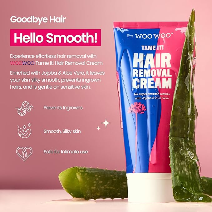 WooWoo Tame It! Natural Intimate Hair Removal Cream - Painless Vegan Hair Remover For Sensitive Skin - Depilatory For Genitals, Bikini, Legs & Bum - Women In-Shower Cream With Aloe Vera - 200ml