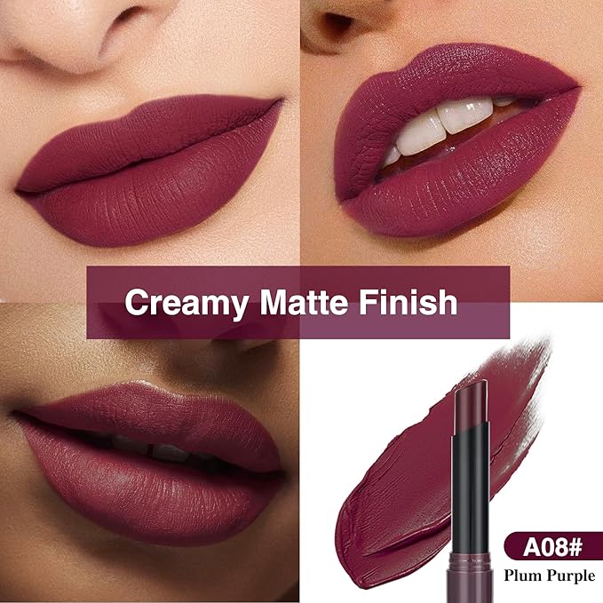 Dark Plum Purple Lipstick for Women，Matte Velvet Satin Lipsticks，Hydrate Lip stick Non-Drying Long Lasting Lip Stain Daily Makeup，Creamy Silky Texture，Highly pigment Formula，Cruelty-Free，A08#