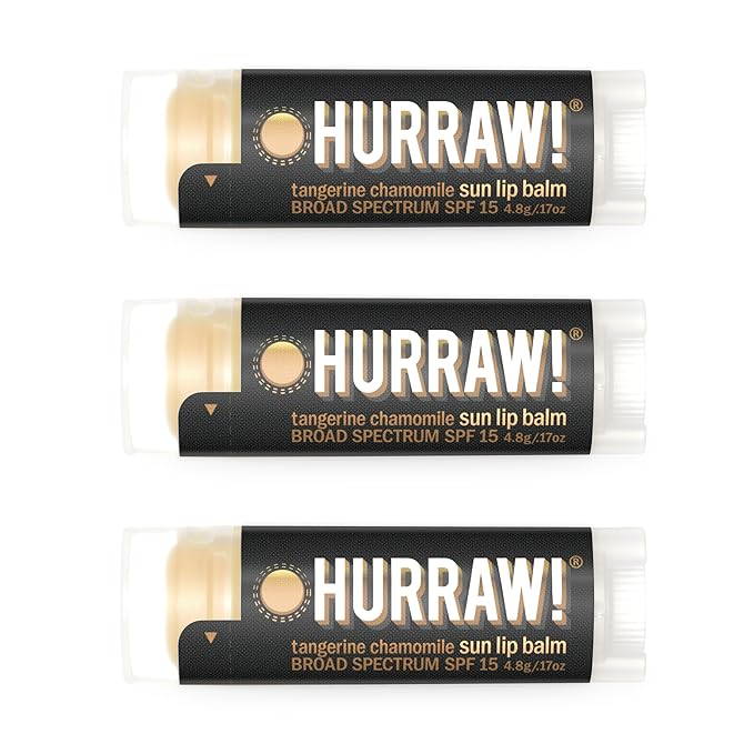 Hurraw! Sun Lip Balm (Zinc Oxide Protection, Broad Spectrum SPF 15, Tangerine, Chamomile), 3 Pack: Organic, Certified Vegan, Gluten Free. Non-GMO, All-Natural. Bee, Shea, Soy & Palm Free. Made in USA