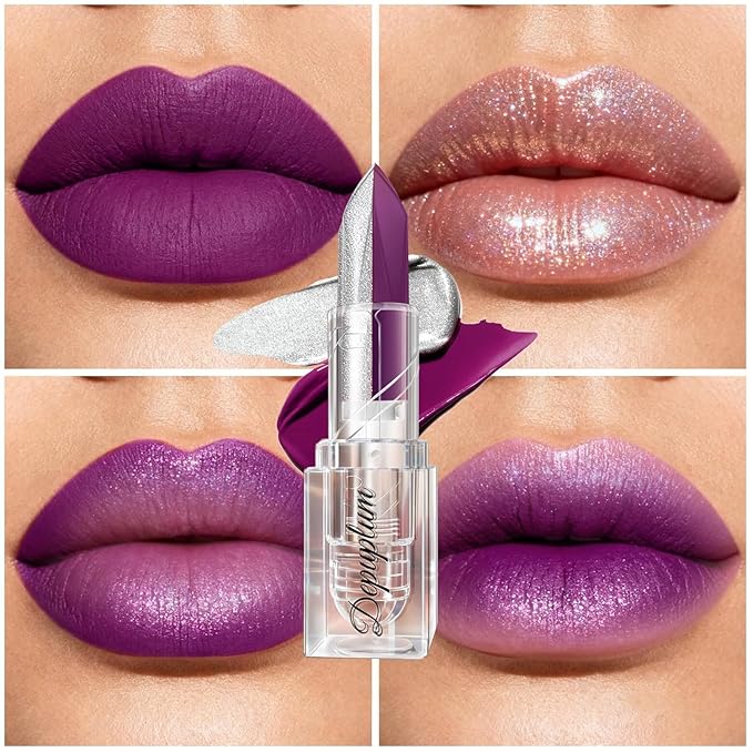 2 in 1 Purple Lipstick Glitter Silver Lipstick Dual Sided, Lip stick for Women, One Stroke Two-Tone High Pigment Longlasting Waterproof Non-Stick Glitter Lipsticks for Christmas Cosplay (#04)
