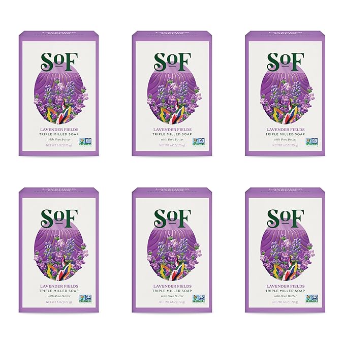 SoF Triple Milled Bar Soap - With Coconut Oil & Organic Shea Butter- Vegan & Non GMO- Free From Phthalates, Sulfates & Parabens- Lavender Fields - 6 oz Bar 6 Bars