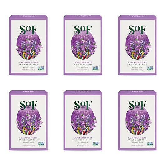 SoF Triple Milled Bar Soap - With Coconut Oil & Organic Shea Butter- Vegan & Non GMO- Free From Phthalates, Sulfates & Parabens- Lavender Fields - 6 oz Bar 6 Bars