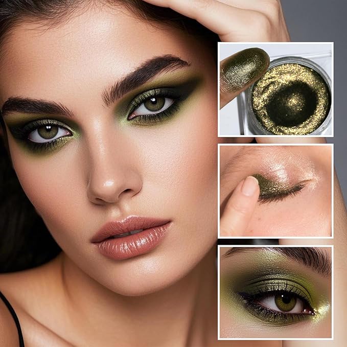 DE'LANCI Olive Green Cream Eyeshadow Shimmer, Long Lasting Highly Pigmented Metallic Green Eye Makeup, Silky Smooth Formula Easy Application Glitter Cream Emerald Eyeshadow for Older Women 01#