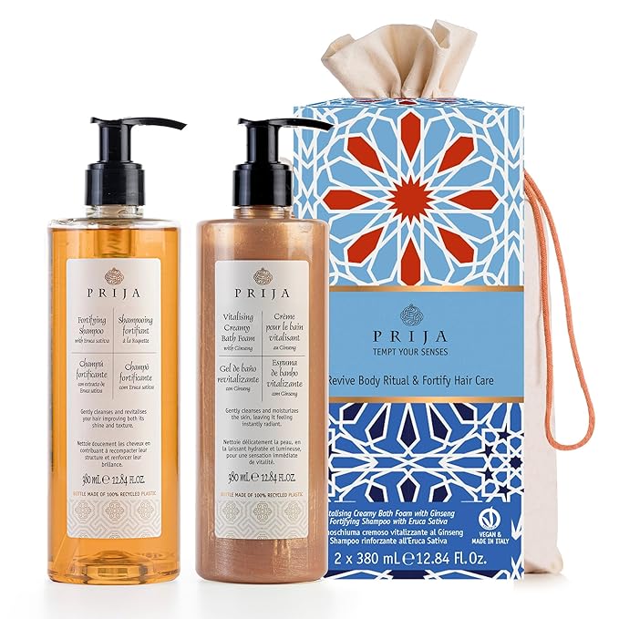 Prija Hair and Body Gift Pack (Includes Vitalizing Creamy Bath Foam with Ginseng and Fortifying Shampoo with Eruca Sativa) - Vegan Friendly - Dermatologically Tested - Made with 100% Recycled Bottle