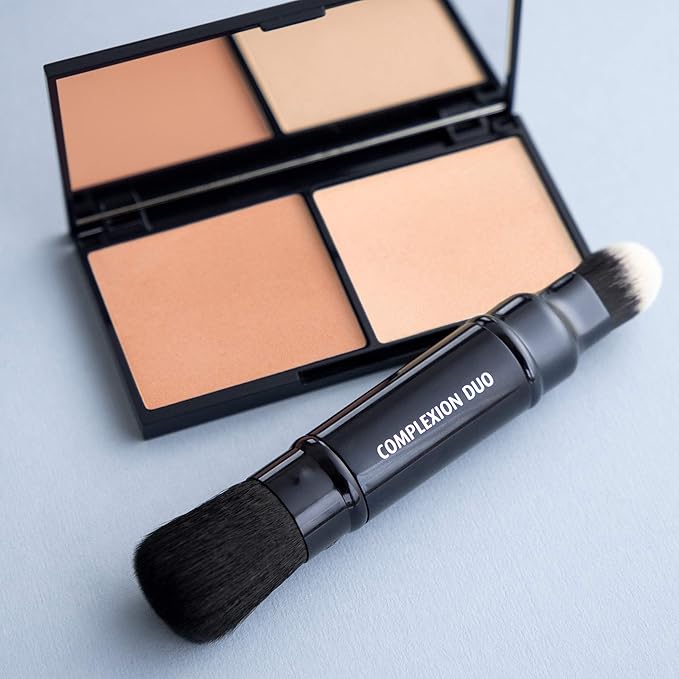 Lune+Aster Complexion Duo Brush | Retractable Makeup Brush With Two Ends For Application Of Cream, Liquid And Powder. Made with Alumium Handle, Vegan Bristles.
