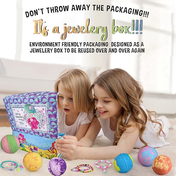 Bath Bombs for Kids w/Surprise Inside, Mermaid Bath Bombs for Girls with Jewelry & Jewelry Box for Kids Organic, Skin Moisturizing, Natural Bubble Birthday Gift Easter Basket Essentials for Boy Girls