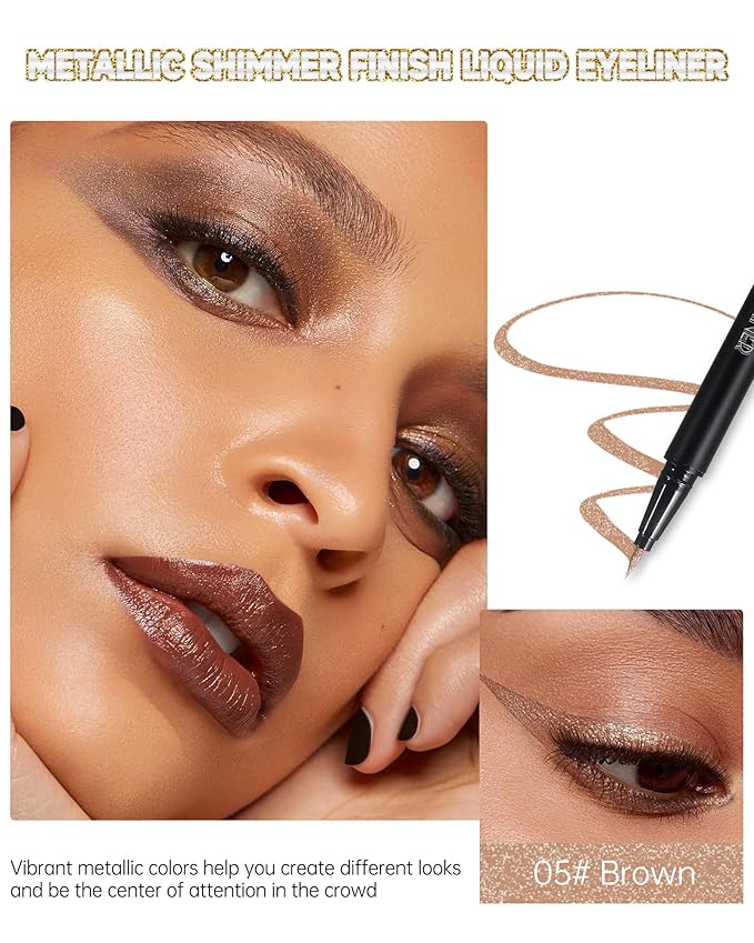 Metallic Glitter Liquid Eyeliner, Brown Diamond Shimmer Colored Eyeliner, Waterproof Long-Stay 24H Eye Liner Pen, Ultra-Fine Tip Smooth Application, Smudge-Proof High Pigmented Delineador De Ojos-05