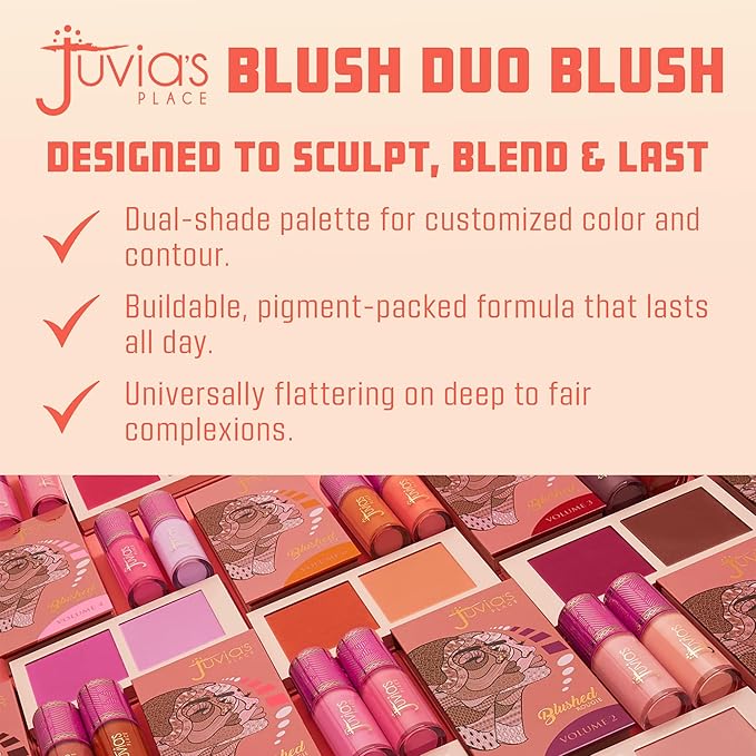 Juvia's Place Blushed Duo Blush Volume6 - Radiant Shimmer Makeup Two Tone Pigmented Buildable Pressed Mineral Powder - Rosy Natural Cheeks Face Glow Highlight Matte Fresh Finish for All Skin Color
