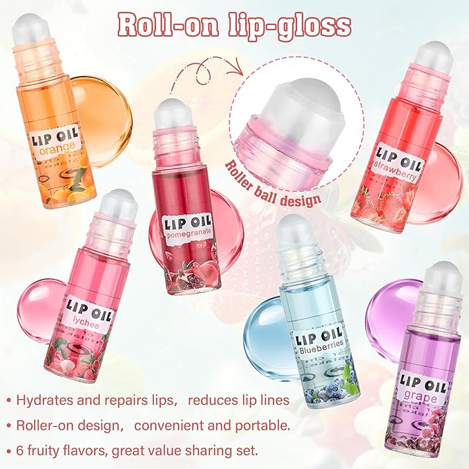 12Pcs Roll On Lip Gloss Set，Mini kids Lip Gloss Fruit Flavored，Moisturizing Lip Oil Make up for Teens and Girls，Hydrating Long Lasting Glossy,Christmas Party Favors Gift，Vegan & Cruelty-Free