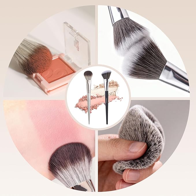 2PCS Makeup Brush Set: Angled Bronzer Brush + Blush Brush for Cheeks, Vegan Soft Bristles for All Cosmetics