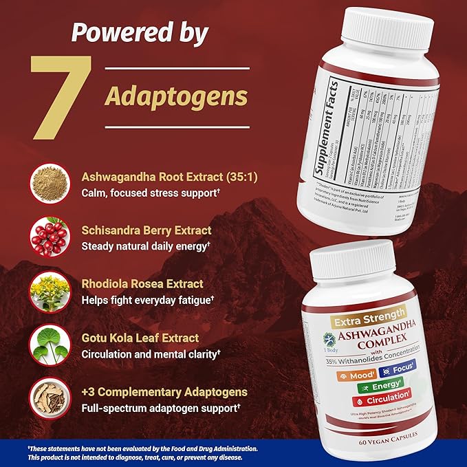 Ashwagandha Complex Adrenal Support Supplement for Stress Relief, Cortisol Balance, Energy & Focus, Mood Support, 35% Withanolides, 60 Vegan Capsules
