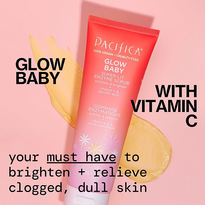 Pacifica Glow Baby Exfoliating Face Scrub, Brightening Enzyme Facial Cleanser w/ Vitamin C & Glycolic Acid for Radiant Smooth Skin, Unclogs Pores & Removes Dead Skin, Microbead-Free Vegan (4 fl oz)