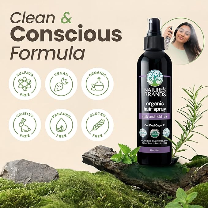 Nature's Brands Organic Hair Spray, 8 Oz - Biotin-Enriched Non Toxic Hairspray with Green Tea, Sage & Geranium Oil for Long-Lasting Hold, Shine, Frizz Control, and Volume Boost - Paraben-Free, Vegan