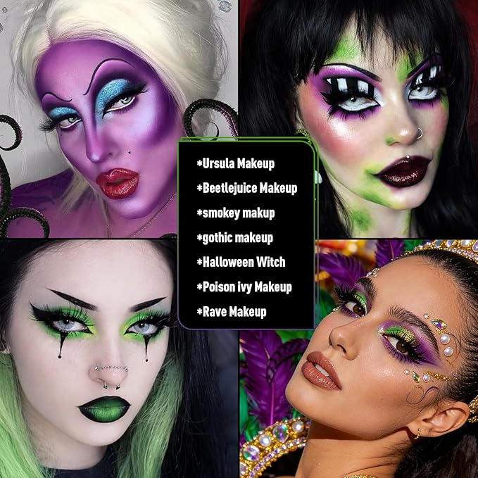 Purple Green Gold Eyeshadow Palette, Matte Shimmer Lavender Green Goth Smoky Eye Shadow Makeup Palette, Pigmented Long Lasting Mardi Gras Makeup Pallet for Stage, Witch, Ursula, Beetlejuice, Cosplay
